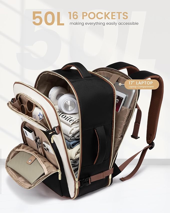 LOVEVOOK Travel Essentials Carry on Backpack 50L Travel Backpack for Women Men,Waterproof TSA Personal Item Travels Bag Airline Flight Approved,Large Carry on Luggage Laptop Backpack with Packing Cube
