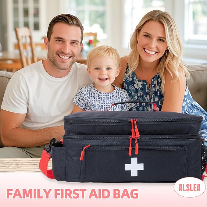 ALSLEA First Aid Bag Empty Large Medical Bag with Shoulder Strap 16”x 9.5” x 7” Medicine Organizer Travel First Aid kit Emergency Supplies Storage Bag for Car, Home, Office, Outdoor (Black)