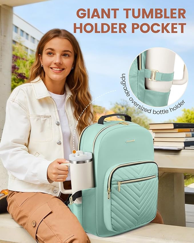 LOVEVOOK Laptop Backpack for Women with Giant Tumbler Holder 18.4 inch,Designer Travel Backpack Laptop Bag College Backpack,Quilted Work Nurse Teacher Backpack Purse Computer Bag Daypack,Mint Green