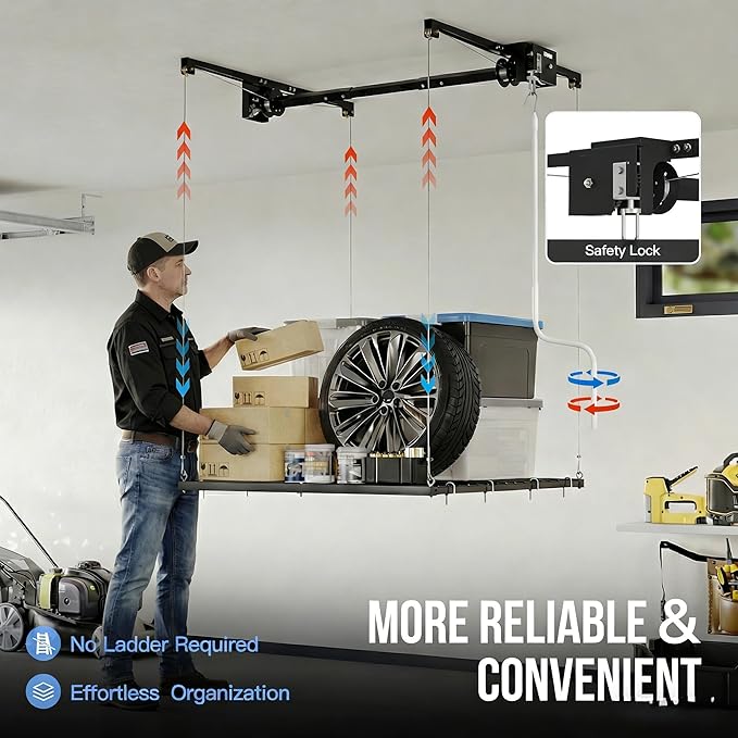 4x4 FT Overhead Garage Lifting Storage Rack, 350 lbs Capacity & 79" Lifting, Metal Garage Ceiling Rack, Adjustable Storage System with Safety Lock
