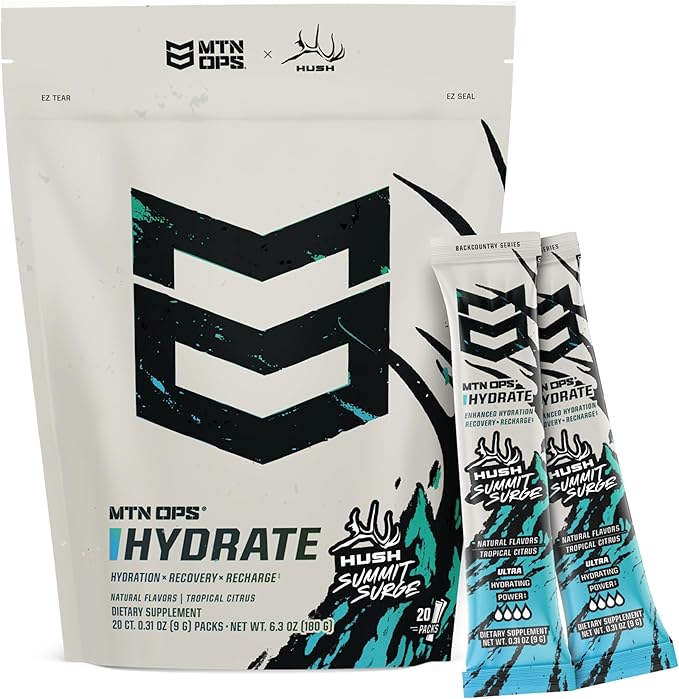 MTN OPS Hydrate Low Sugar Electrolyte Powder Drink Mix with 1g D-Ribose Sugar, 1000mg Electrolytes, On-The-Go Packs, 20 Stick Packs, Hush Summit Surge