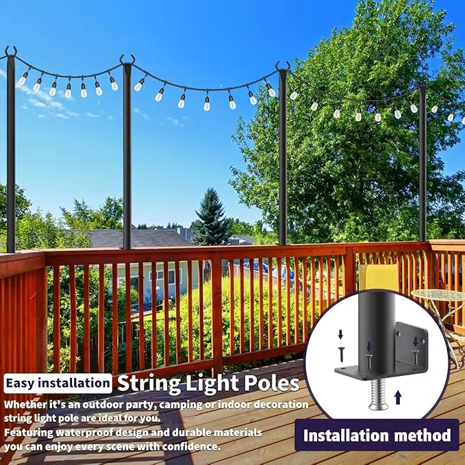 AHRLHR 5 Ft String Light Poles 6 Pack, String Light Poles for Outside with Fixing Clips,Hanging Light Poles for Deck Fence Garden Backyard Wall Bistro,Metal Poles for Outdoor String Lights