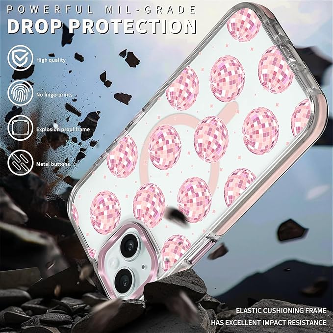 Case for iPhone 14 Plus/15 Plus,[Compatible with MagSafe],Disco Balls Pink Phone Case Design，for Women Girls Magnetic Clear Cover - Slim, Sleek, & Shockproof Protection