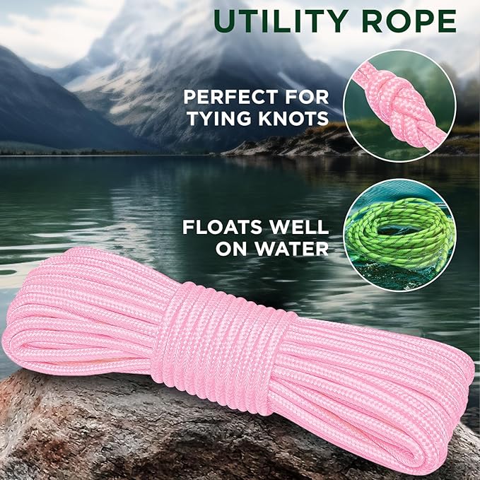 TECEUM Rope – 90 Feet x 1/4 Inch (7mm) – Pink – Strong All-Purpose Utility Rope – Camping, Crafting, Flag Pole, Indoor & Outdoor – Polypropylene Nylon Poly Lightweight Diamond Braided Cord