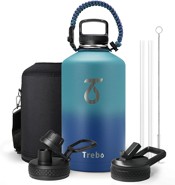 Trebo 1 Gallon(128oz) Water Bottle Insulated with Paracord Handle and Straw,Vacuum Triple Wall Stainless Steel Large Jug Keep Cold 48 Hours, Leakproof & BPA Free for Men Gym/Hiking/Camping, Cyan Blue