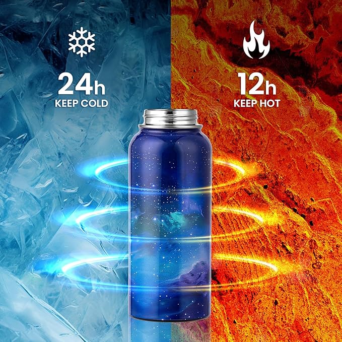 RAYMYLO Insulated Water Bottle 32 oz, Triple Wall Vacuum Stainless Steel (Cold for 24Hrs, Hot for 12Hrs), Leak Proof & Non-BPA, Modern Water Flask Jug with Paracord Handle & Straw Spout Lids