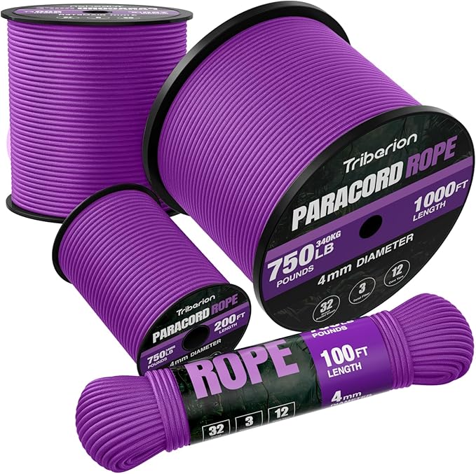 Paracord Rope 750 lb - 100ft 5/32" Parachute Cord 4MM 12-Strand para Cord - Heavy Duty Spool String for Survival,Camping Gear, Survival Bracelet, Clothesline - Purple