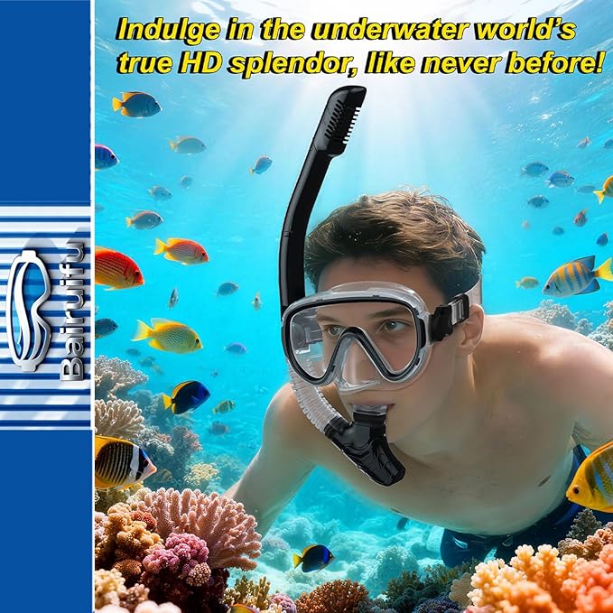 Bairuifu 2-Pack Snorkel Gear for Adults | Enhanced Anti-Fog & Anti-Leak Snorkeling Mask | Breath-Free Dry Snorkel | 180° Panoramic View with Quick-Dry Bags