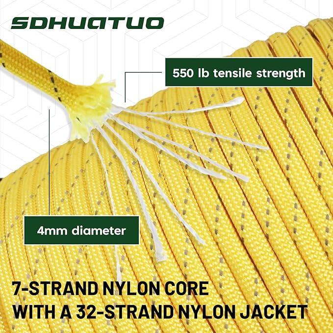 SDHUATUO Paracord Rope 200FT, 550lb Type III Nylon Parachute Cord 7-Strand Core with Reflective Strips, Utility String for Survival, Camping Gear, Hiking, DIY, Crafting, Outdoor, Yellow