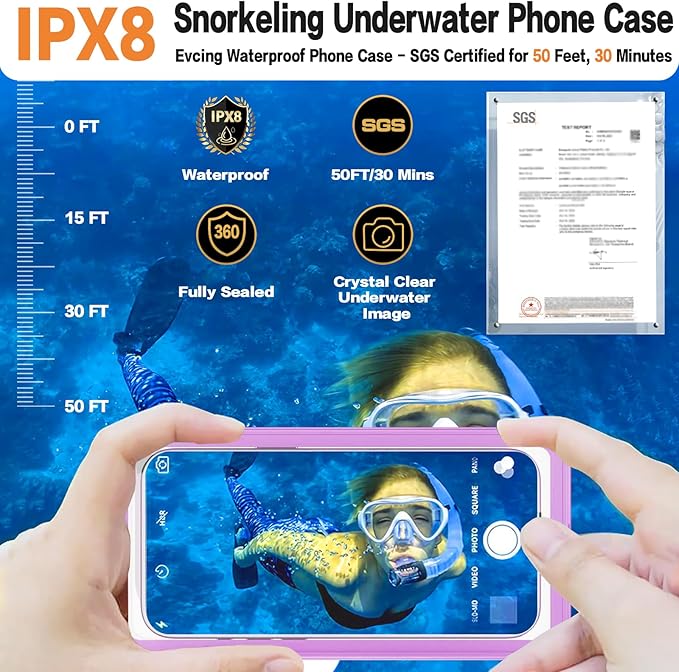 Waterproof Phone Case, Underwater Phone Cases for Snorkeling, IPX8 Diving Case, 360 Full Body Protection for iPhone 16 Pro Max/15/14/Galaxy S24, Up to 6.9 Inch, Beach Cruise Essentials (Purple)