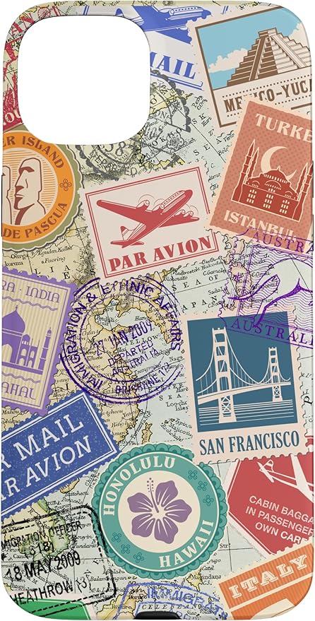 World Map Travel Passport Stamps Postage Stamp Case for iPhone 15 Plus