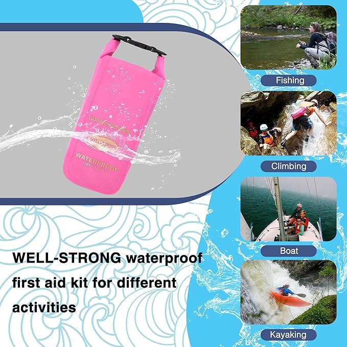 Boat First Aid Kit Waterproof, WELL-STRONG Marine Emergency Kit with Roll Top Dry Bag for Boating Fishing Kayaking – Water-Resistant Contents for Camping & Beach（Transparent Pink）