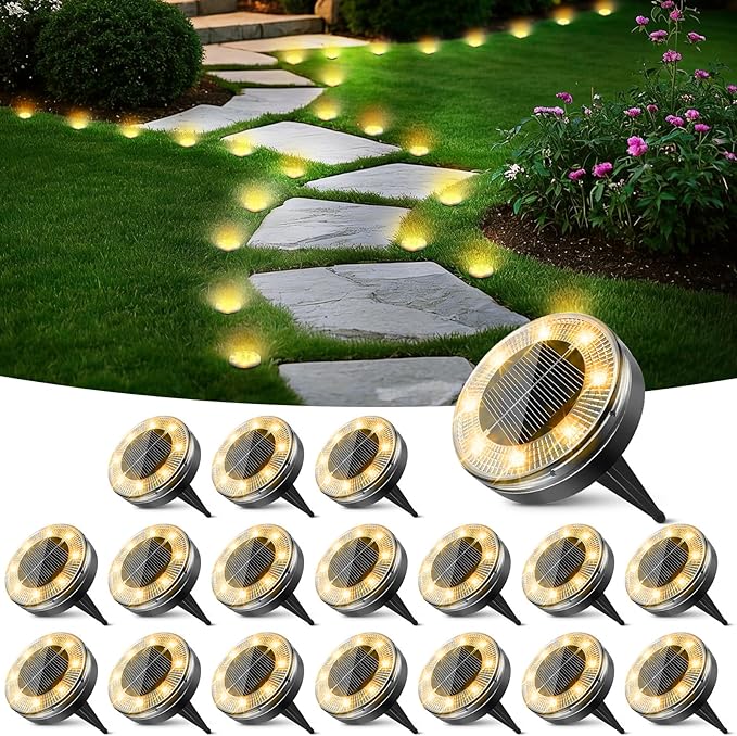 Peasur Mini Solar Ground Lights, 18 Pack Flat Solar Disc Lights Outdoor Waterproof, 2.3 Inch Small Solar Garden Lights Landscape Lighting for Outside Pathway Garden Yard Lawn Walkway,Warm White
