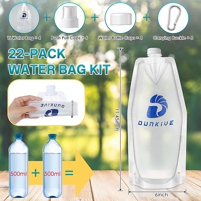 Filter 1L Collapsible Water Bottles with Push Pull Cap, Foldable Travel Water Bottle for Traveling, Hiking, Camping, Backpacking - Lightweight, Reusable, Clear Design