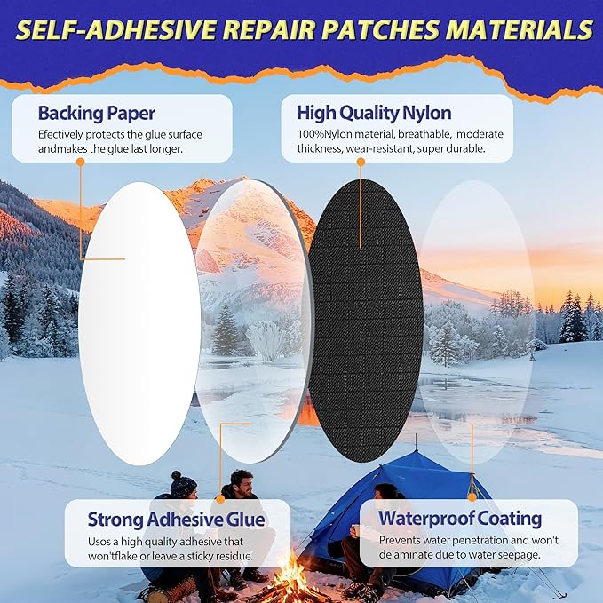 Down Jacket Repair Patch Kit, Outdoor Gear Tenacious Repair Tape, Self Adhesive Fabric Patches for Clothes, Waterproof Ripstop Nylon Fabric Patch for Puffer Jacket, Coat, Tent (18 Pcs, Black Gray)
