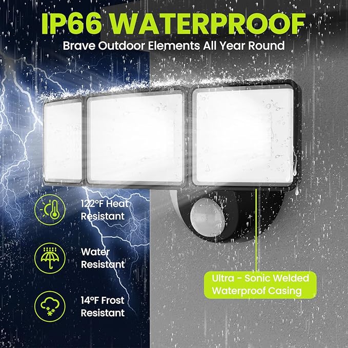 7500LM LED Security Light Motion Sensor Outdoor Lights, Adjustable 3 Head Hardwired LED Flood Lights Outdoor, IP66 Waterproof, 38W Motion Detected Lights for Outside, House, Garage, Yard