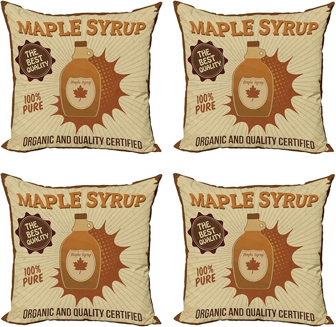 Ambesonne Retro Throw Pillow Cushion Case Pack of 4, Maple Syrup Ad with Grunge Effect Worn Out Background with Stripes, Modern Accent Double-Sided Digital Printing, 24", Pale Brown Beige