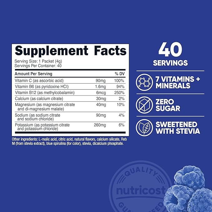 Nutricost Electrolytes Complex, Blue Raspberry Flavored, 40 Stickpacks - Advanced Hydration Complex