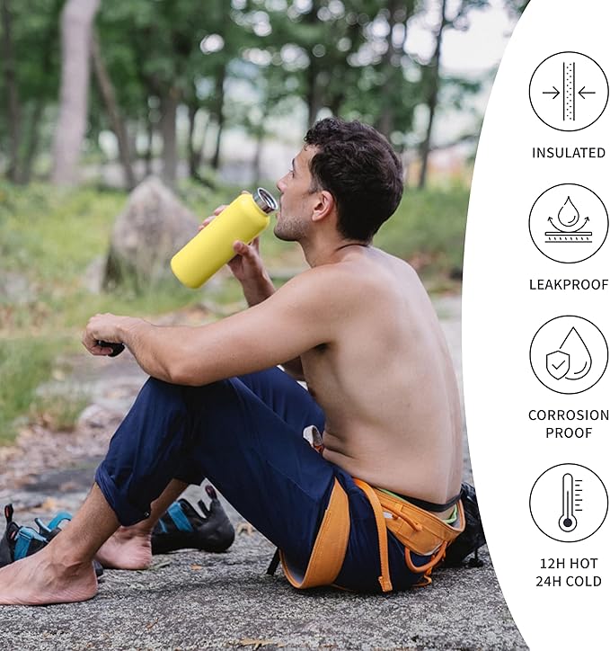 Bambaw 12 oz Metal Water Bottle Insulated with Handle, Leak-Proof Stainless Steel Water Bottle for School, Gym or Travel, Screw-Top Cap, Keeps Drinks Cold for 24h Cold & Hot for 12h (Yellow Beam)