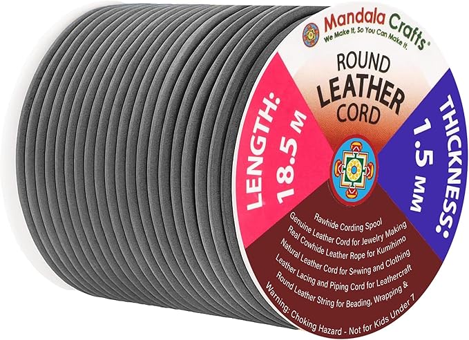 Mandala Crafts Round Cowhide Genuine Gray Leather Cord for Jewelry Making Kumihimo Leather Rope Spool - Gray 20 Yds 1.5mm Cording