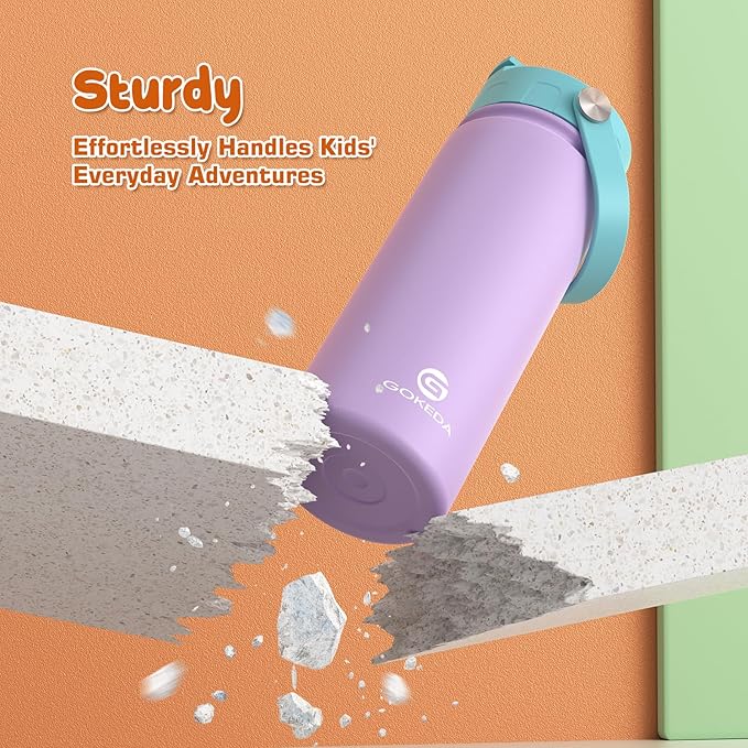 GoKEDA 18oz Kids Water Bottle, Insulated Water Bottles with Stickers, 18/8 Stainless Steel Vacuum Leak Proof Straw Cup for School, Gifts for Girls(Purple)