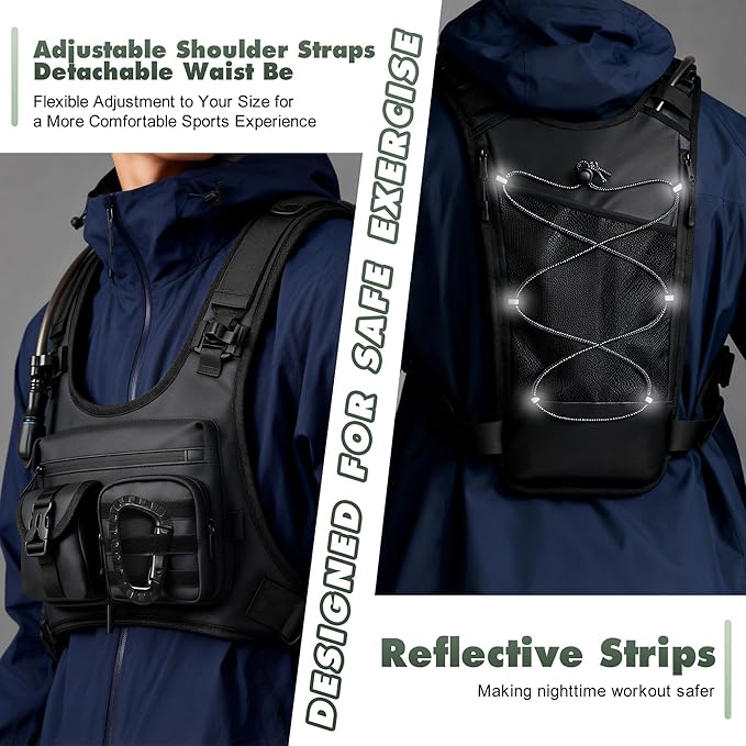 Hydration Running Vest Backpack with 2L Water Bladder - Lightweight & Reflective Chest Pack, Includes Tactical Gun Holster & Free Carabiner for Hiking, Running, Cycling, Marathon (Men & Women)