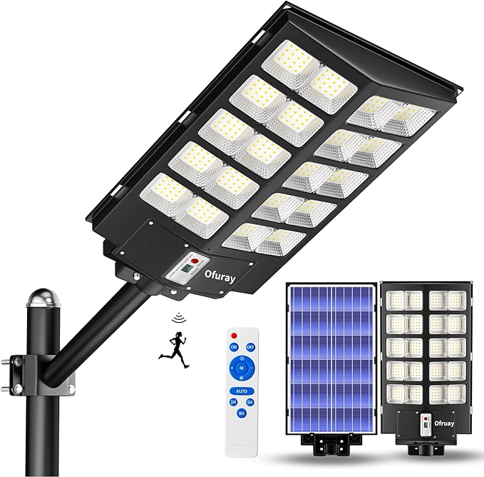 Ofuray Solar Street Lights Outdoor,Solar Security Flood Lights Parking Lot Lights Commercial Dusk to Dawn, 6500k Waterproof Led with Remote Control Motion for Street,Court,Barn (Of-6000W 600000Lm)
