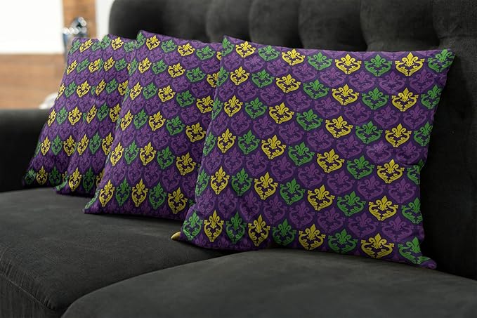 Ambesonne Mardi Gras Decorative Throw Pillow Case Pack of 4, Antique Old Fashioned Motifs in Mardi Gras Holiday Colors Tile Pattern, Cushion Cover for Couch Living Room Car, 18", Yellow Purple