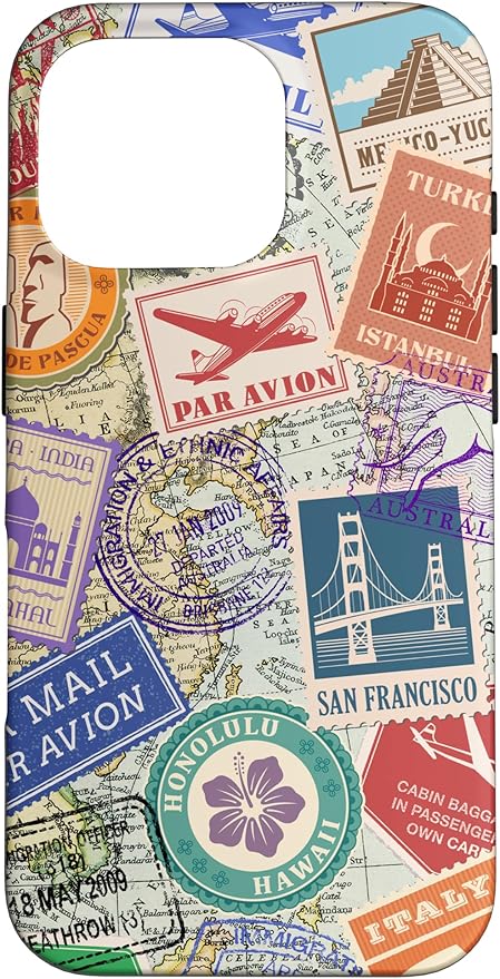 World Map Travel Passport Stamps Postage Stamp Case for iPhone 16 Pro