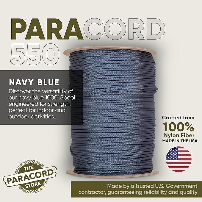 The Paracord Store | Type III 550 Paracord - 250 FT Spool, Navy Blue | Heavy Duty 7 Strand Tactical Paracord - USA Made Nylon Outdoor Parachute Cord for Camping, Fishing & More - Survival Cord