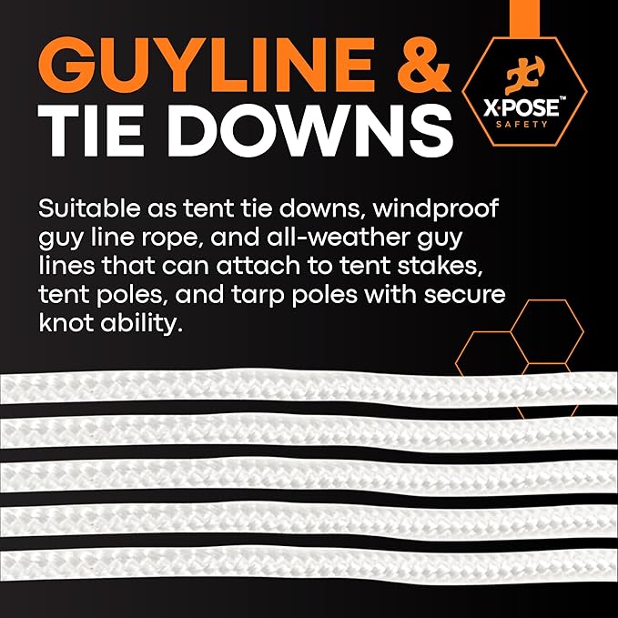 Line Nylon Cord - 100 Ft White Reflective Guyline - Camping Rope, Guy Lines, Tie Down Rope - Tent Accessories & Cordage