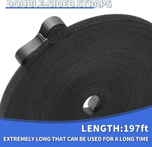 1/2In x 197Ft Reusable Cable Ties Hook and Loop Roll | Tie Down Straps, Nylon Double-Sided Strips, | Adjustable Multi-Purpose Wrap Fasteners forOffice, Home, Data Center