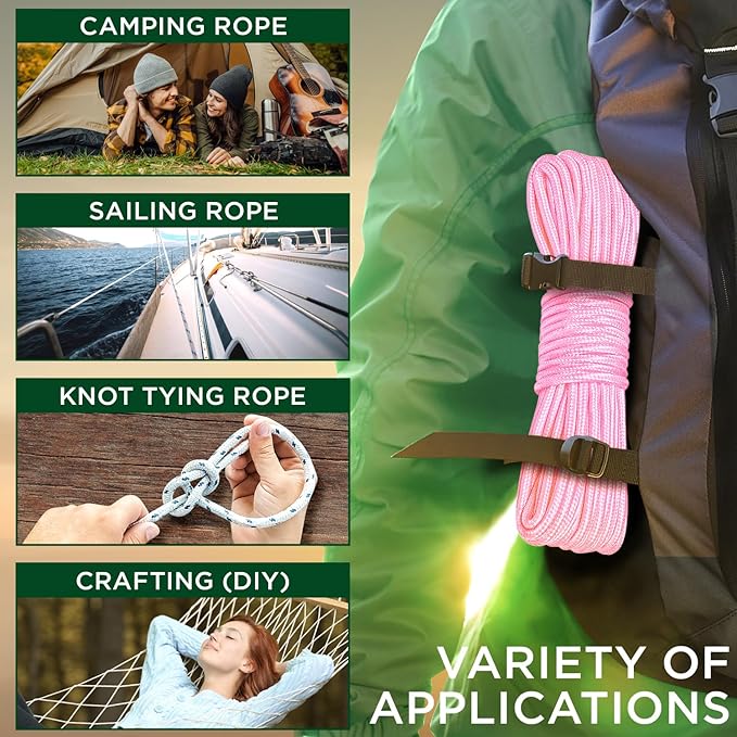 TECEUM Rope – 150 Feet x 1/4 Inch (7mm) – Pink – Strong All-Purpose Utility Rope – Camping, Crafting, Flag Pole, Indoor & Outdoor – Polypropylene Nylon Poly Lightweight Diamond Braided Cord