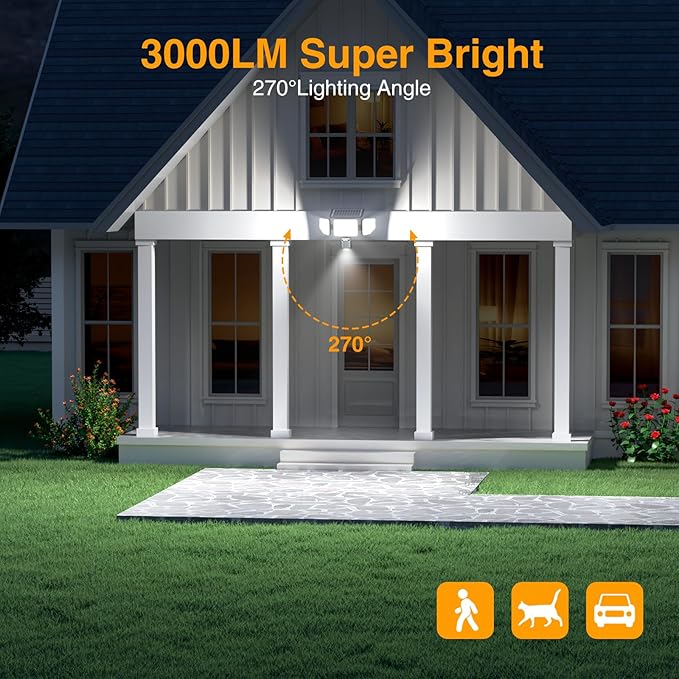 Onforu Solar Lights Outdoor, 3 Heads Security Lights with Remote Control & Night Light, IP65 Waterproof Motion Sensor Lights, 3 Modes, Flood Lights for Wall, Porch, Yard, Outside, 2 Pack