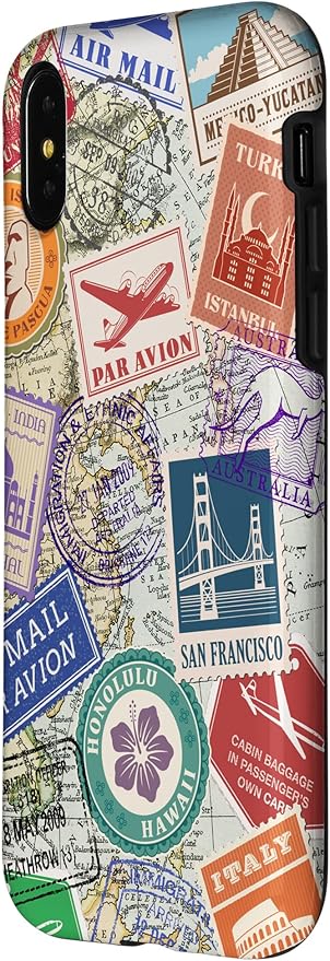 World Map Travel Passport Stamps Postage Stamp Case for iPhone X/XS