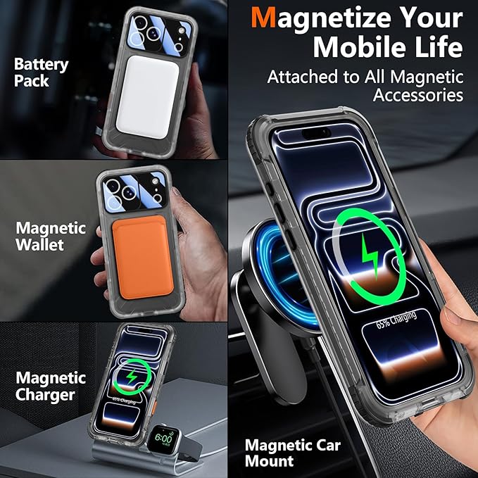 SPIDERCASE Magnetic for iPhone 17 Pro Max Case Waterproof,[Built-in Screen & Camera Protector] [IP68 Underwater] 12FT Military Shockproof, Dustproof, Anti-Scratched Phone Case,Black/Clear