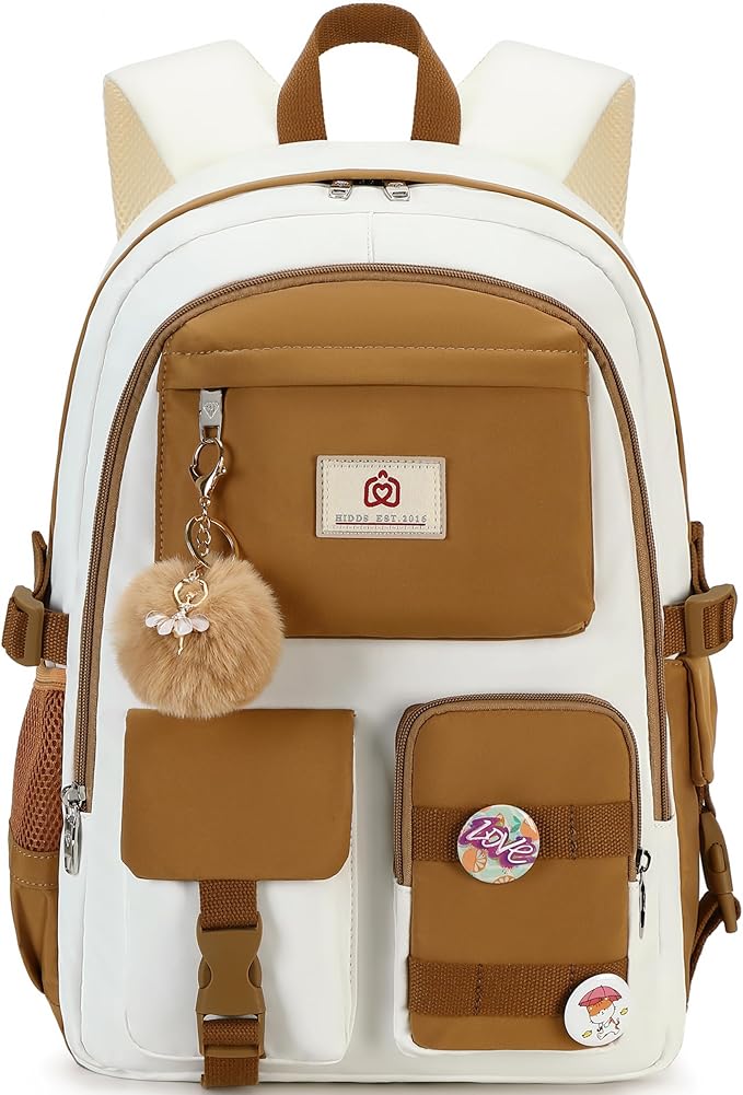 Hidds Laptop Backpacks 15.6 Inch School Bag Elementary Middle High College Backpack Cute Bookbags Anti Theft Travel Back Pack Casual Daypack Kids Book Bag for Teens Girls Women Students-Brown Beige
