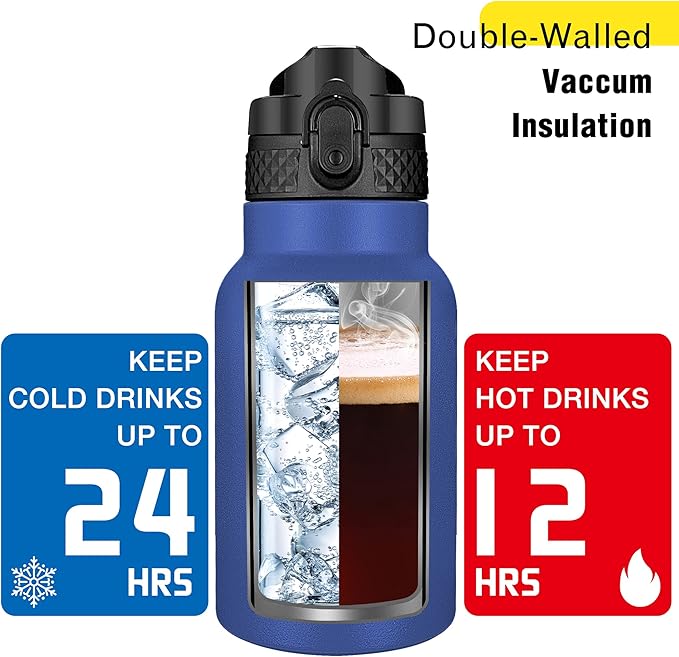 Han's Bottle Kids Water Bottle with Straw Lid - Insulated Stainless Steel Reusable Tumbler for Girls,Boys,Thermo Mug,12oz,Navy Blue