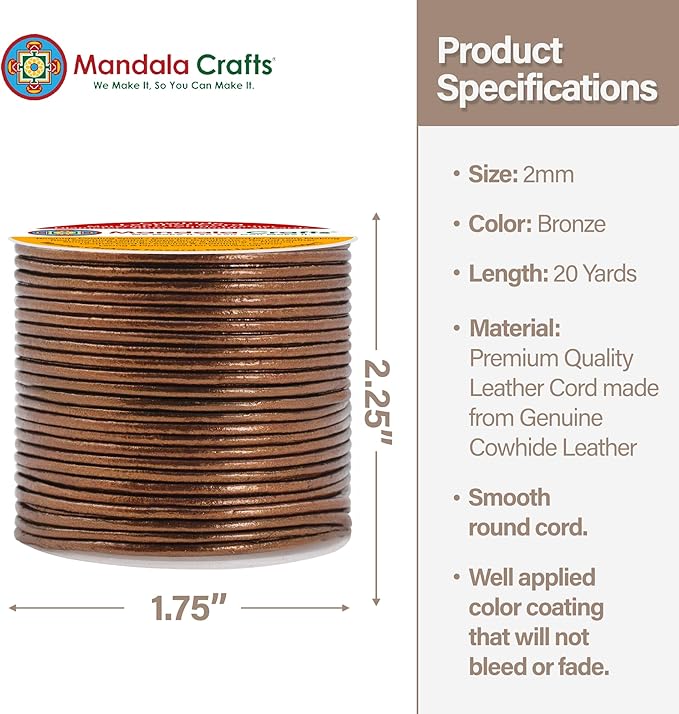 Mandala Crafts Round Genuine Bronze Leather Cord for Jewelry Making – 2mm Cowhide Leather Rope String Lace for Kumihimo – 20 Yards Cowhide Craft Cording Spool