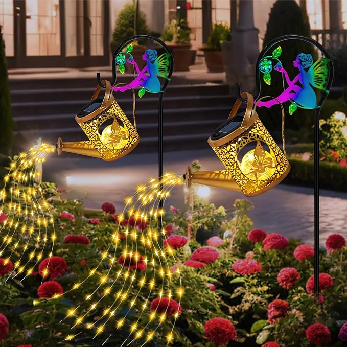 Solar Lights Garden Decorative, Solar Watering Can with Cascading Lights, Waterproof Metal Lantern with Fairy Shepherd Hook, Outdoor Decor for Yard, Patio, Gifts for Mother's Day, Women Mom