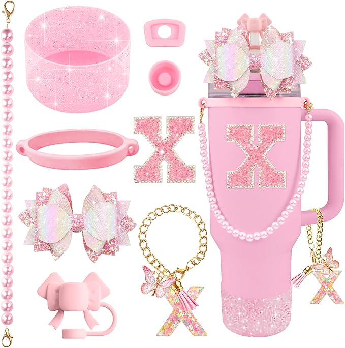 9PCS Pink for Stanley Cup Accessories Set Bling Initials Bow Charms for Stanley Decorations 30/40 Oz Tumbler Accessories Including Bow Straw Topper, Handle Strap, Spill Stopper（Letter X）