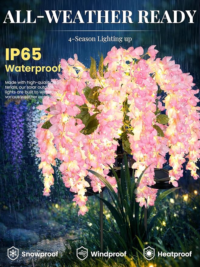GIGALUMI Solar Lights Outdoor for Garden Decor, 3 Pack Solar Flower Lights Waterproof, 2 Lighting Modes Wisteria for Pathway,Yard, Patio Decoration, Gardening Gifts for Women (Pink)