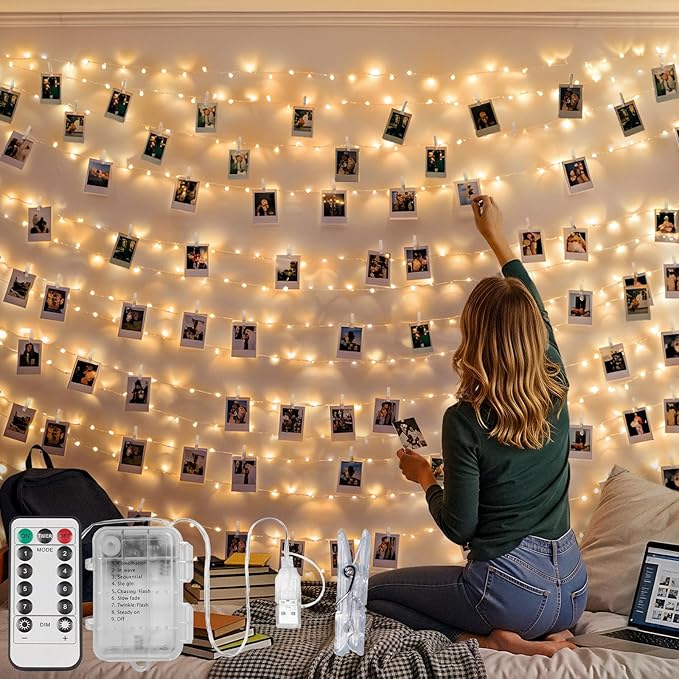 suddus 16ft 50 LED Fairy Lights with Clips for Pictures, Photo Lights with Remote USB Powered & Battery Operated with 22 Clear Clips, String Lights for Party, Bedroom, Decoration, Warm White