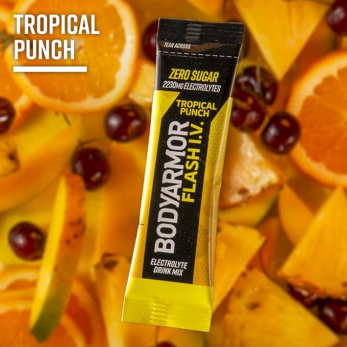 BODYARMOR Flash I.V. Electrolyte Packets, Tropical Punch, Zero Sugar Drink Mix, Single Serve Packs, Coconut Water Powder, Hydration for Workout, Travel Essential, Just Add Sticks to Liquid (15 Count)