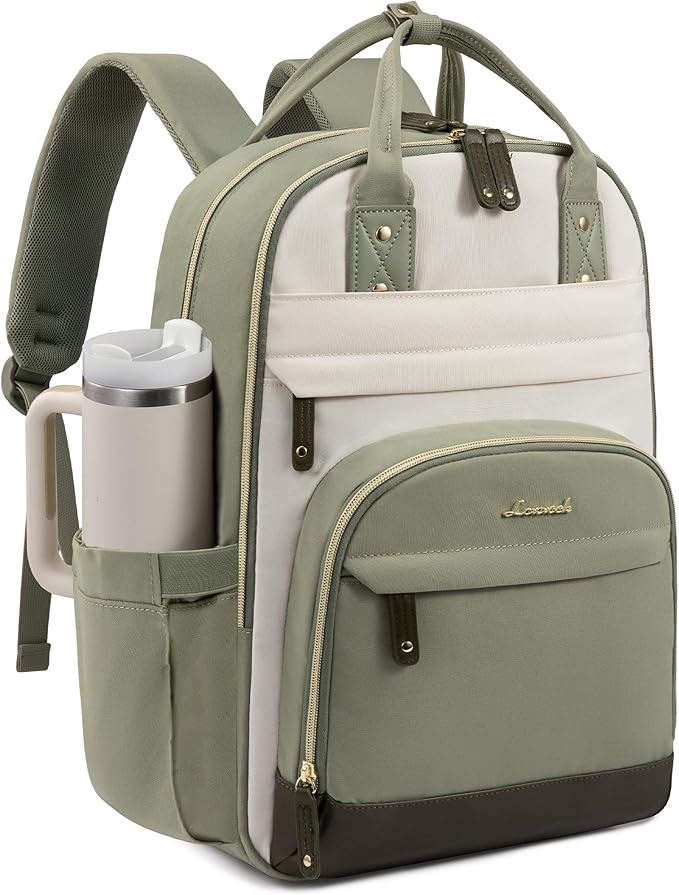 LOVEVOOK Laptop Backpack for Women with Giant Tumbler Holder Pocket,17.3 inch School College Book Bag Nurse Teacher Backpack,Work Travel Backpack Laptop Computer Bag,Pea green-Light yellow-Burlap blue