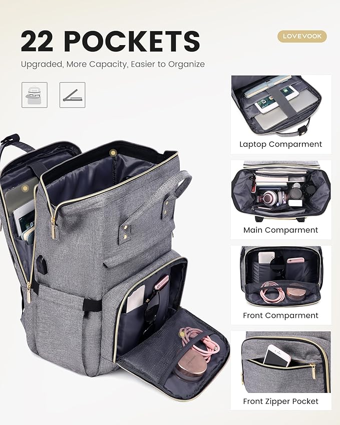 LOVEVOOK 17.3 Inch Laptop Backpack, Large Travel Backpack for Women, Water Resistant Teacher Backpack with Laptop Compartment, Professional Business Work bags with Charger, Austere Grey