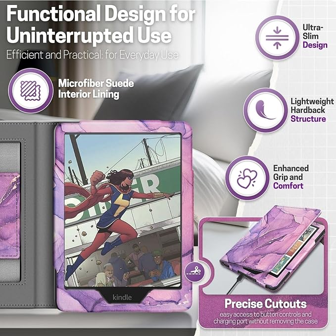 TNP Stand Case with Strap for Kindle Paperwhite 12th Gen 2024 / Kindle Colorsoft Signature Edition - 7" PU Leather Protective Folio Cover with Auto Wake/Sleep & Card Slot, Marble Purple