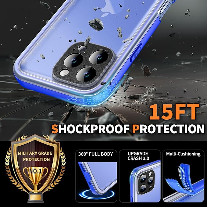 Cozycase for iPhone 16 Pro Case Waterproof - 360 Heavy Duty with Screen/Camera Protector Shockproof IP68 Underwater Dustproof Water Dust Shock Proof Full Body/Front and Back Case Blue/Frosted Clear