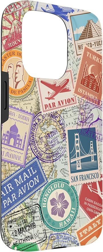 World Map Travel Passport Stamps Postage Stamp Case for iPhone 15 Pro