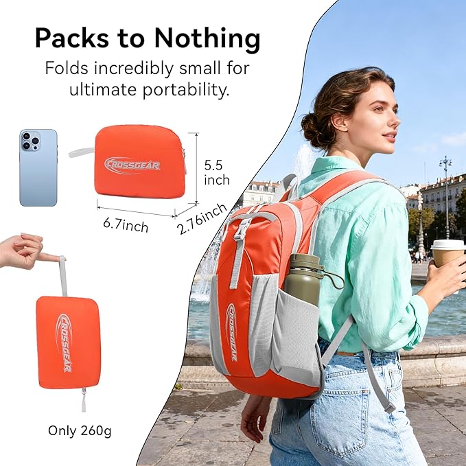 16L Small Hiking Backpack, CROSSGEAR Lightweight Waterproof Foldable Backpack, Travel Camping Outdoor Daypack for Women Men, Orange